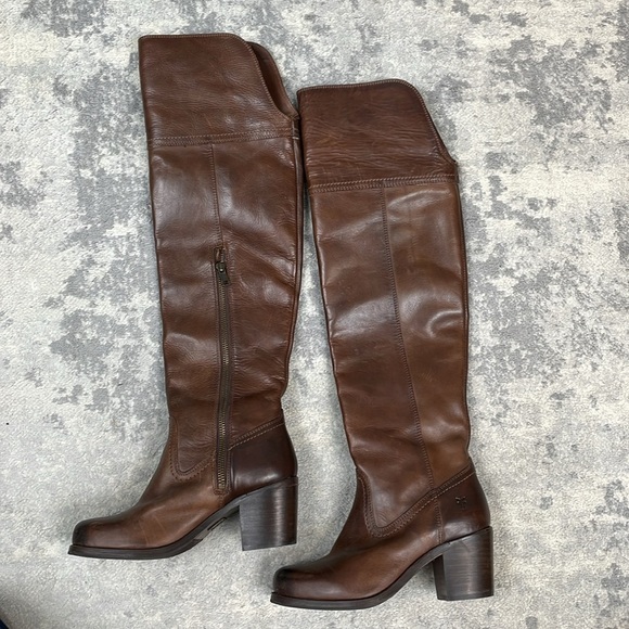 Frye Kendall Distressed Over The Knee Riding Boots Brown Leather Heeled Sz 5.5 - Picture 3 of 16
